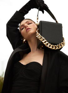 Black Leather bag with gold chunky chain