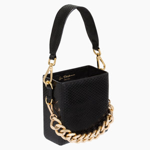 Black Snake Skin Handbag, Luxury bags, designer bags , Black bag, Black Snake skin leather, leather, made in Spain, Gold, Gold chunky chain.