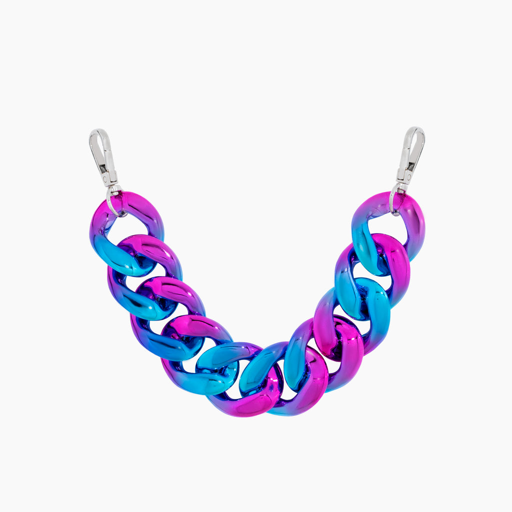 Chunky plastic chain, Pink chain, Blue chain, Pink chain, Plastic chain, Plastic bag chain.