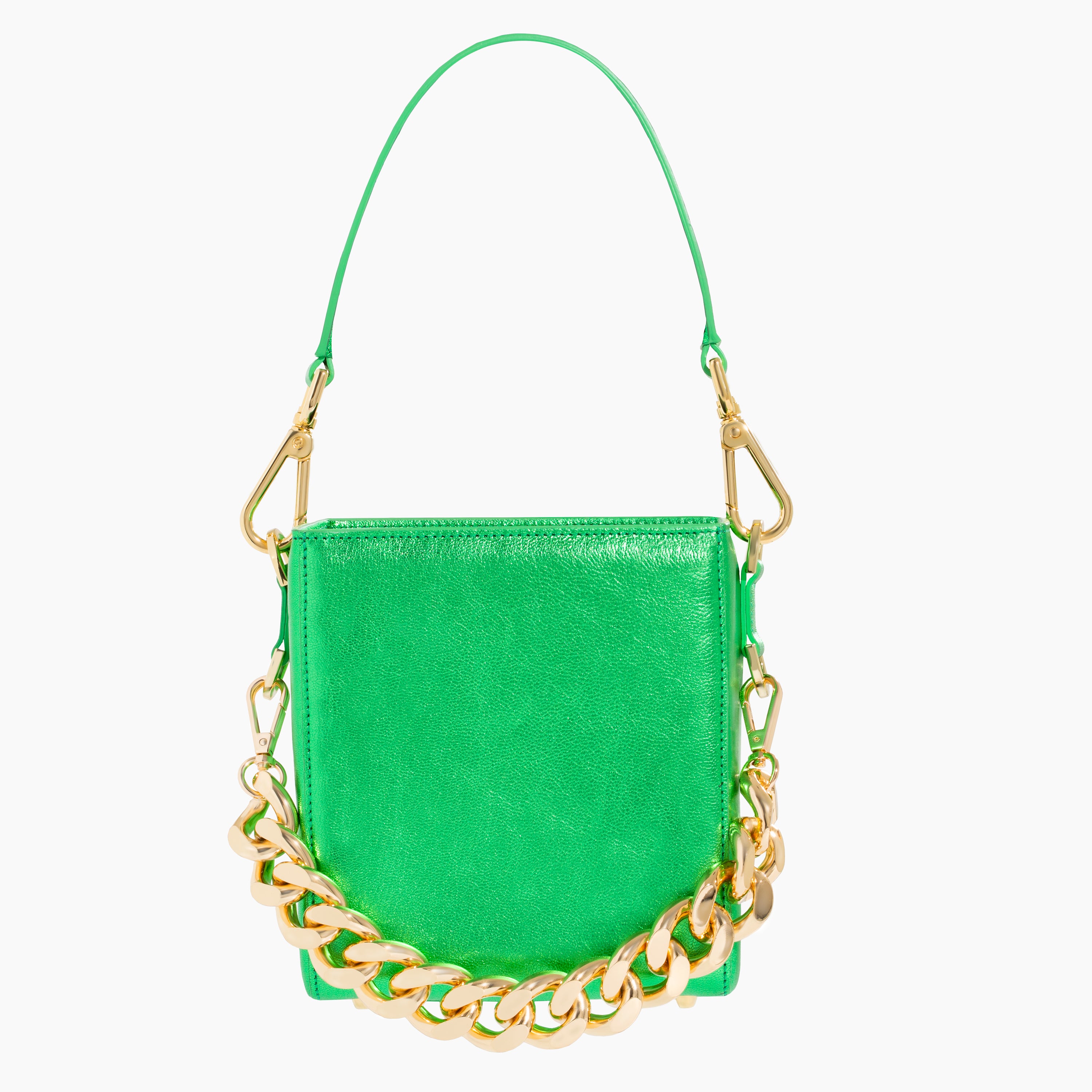 Metallic Green Handbag, Luxury bags, designer bags , Green bag, Green leather, leather, made in Spain, Gold, Gold chunky chain