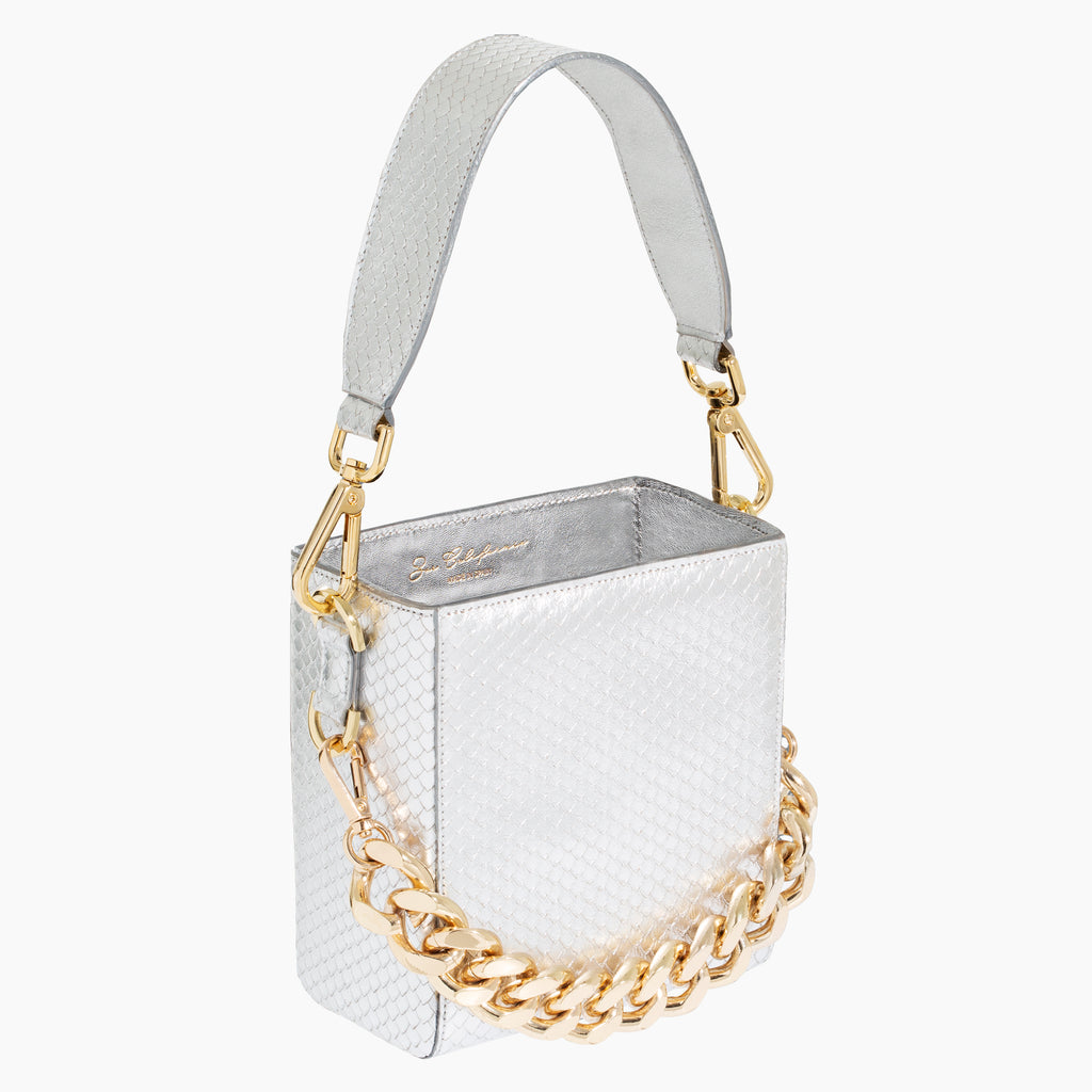 Silver Snake Skin Handbag, Luxury bags, designer bags , Silver bag, Silver Snake skin leather, leather, made in Spain, Gold, Gold chunky chain.